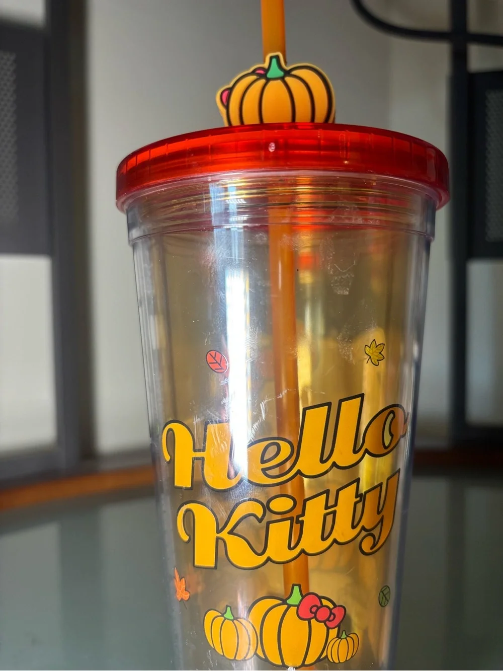 Hello Kitty Orange Pumpkin Straw Tumbler with Red Bow